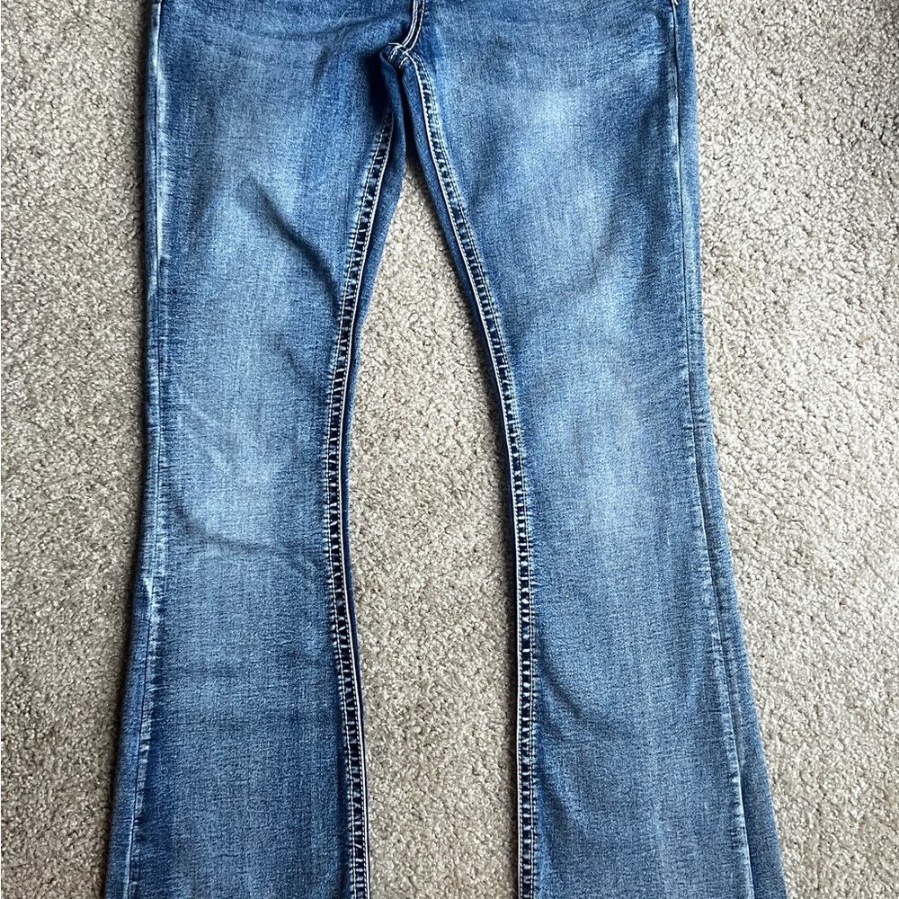 Blue Flare Wide Leg Jeans with Natural Fading